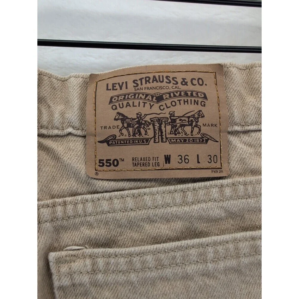 VTG 90s Levi's 550 Made in USA Orange Tab Relaxed Sandstone Tan Jeans 36x30
